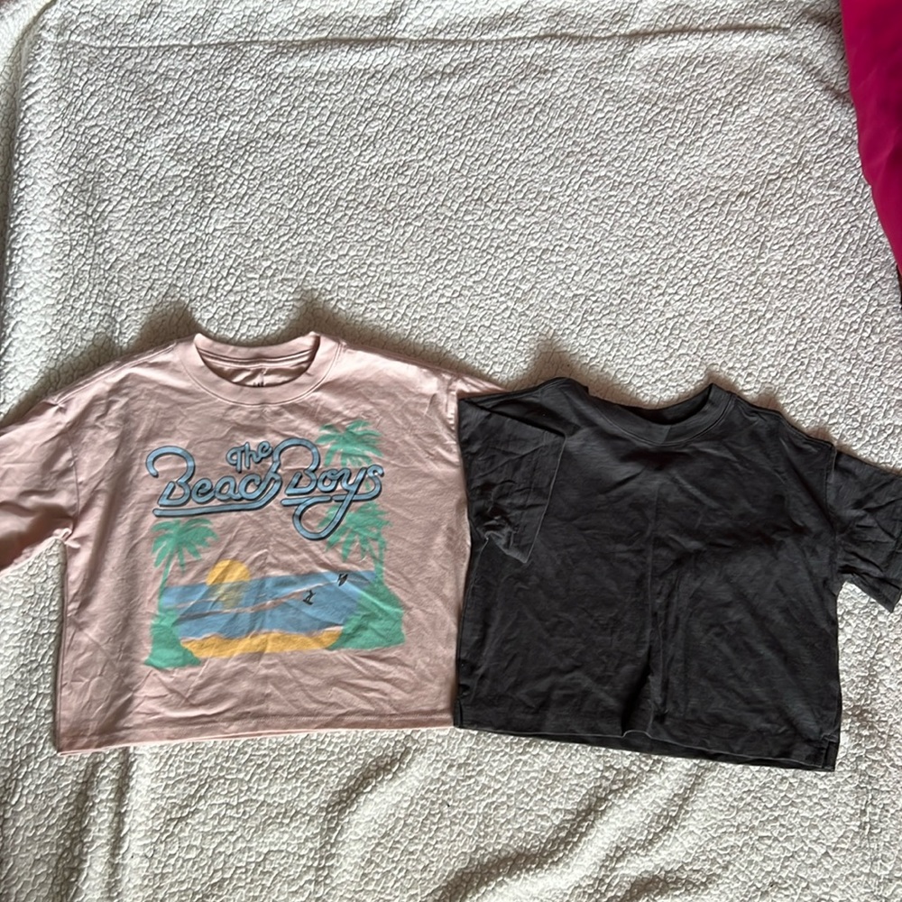 Two boxy tees, one is a peachy tan with beach boys, and the other is plain gray